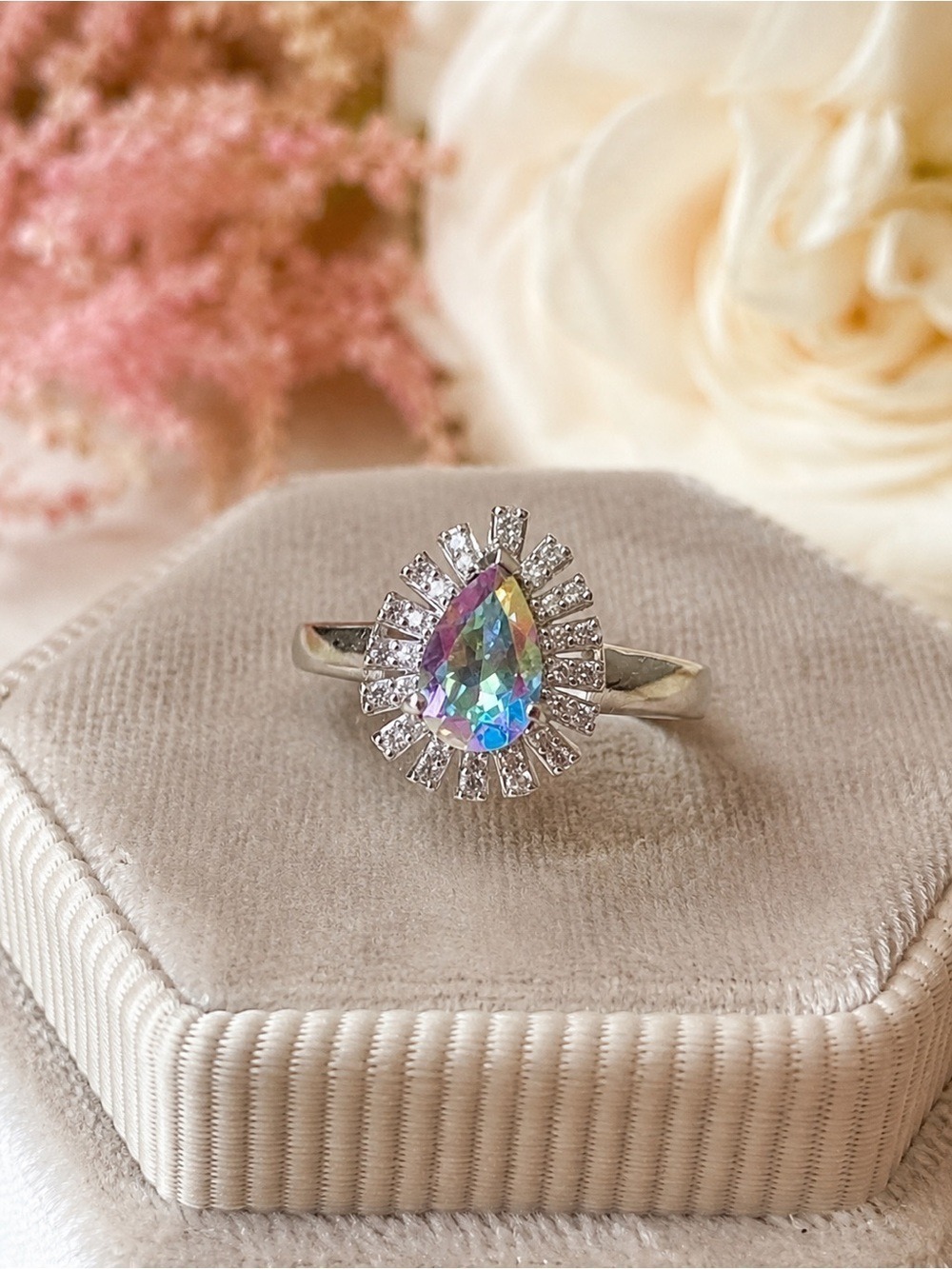 NWOT Mercury Mystic Topaz 925 Silver Rainbow Teardrop Halo Ring – Size 9 – D’Joy